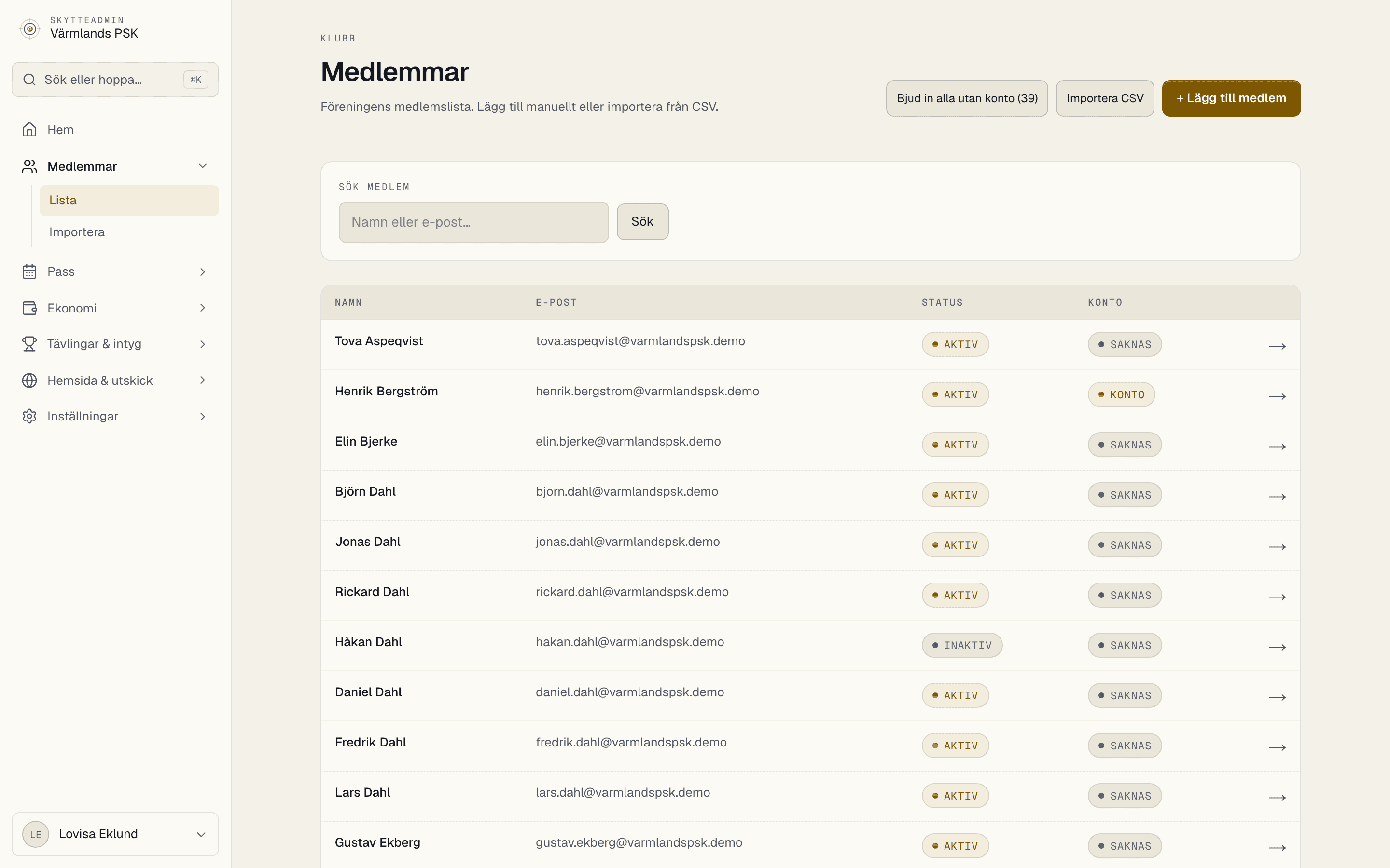 Medlemslistan i SkytteAdmin med sök, status, kontostatus, import från CSV och inbjudan av alla utan konto.